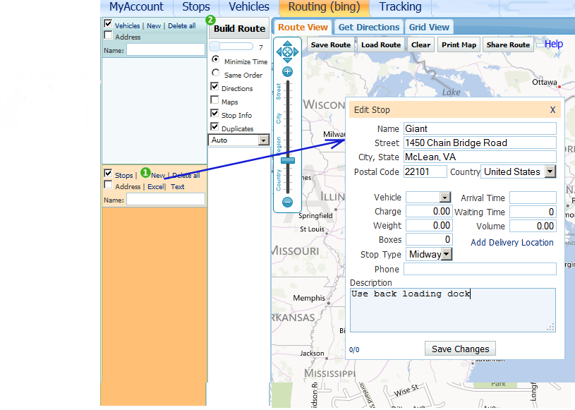 TrackRoad stop list showing many route stops