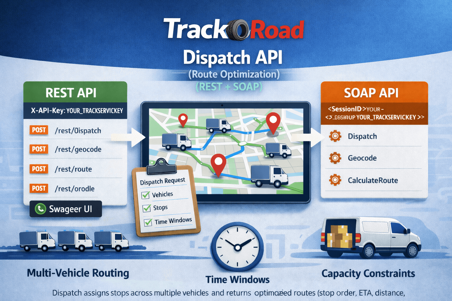 TrackRoad Dispatch API overview showing vehicles and stops flowing into Dispatch and returning optimized routes per vehicle with ETAs and distances.