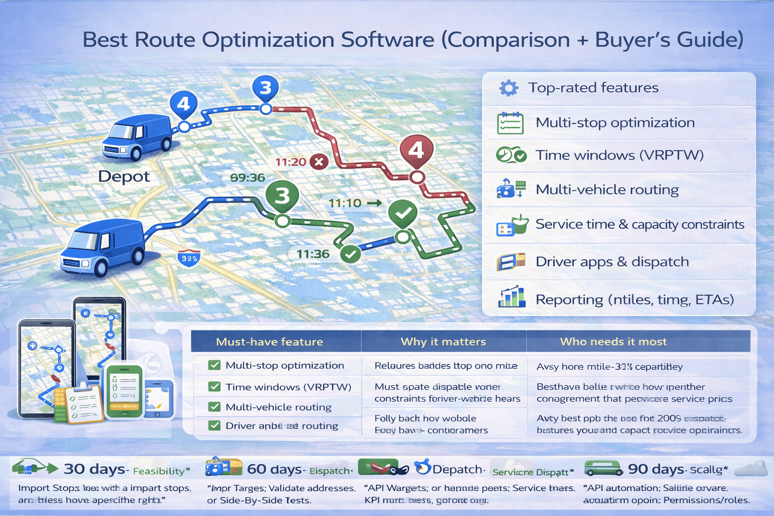 Route optimization software comparison showing multi-vehicle routing, time windows, driver apps, and reporting features