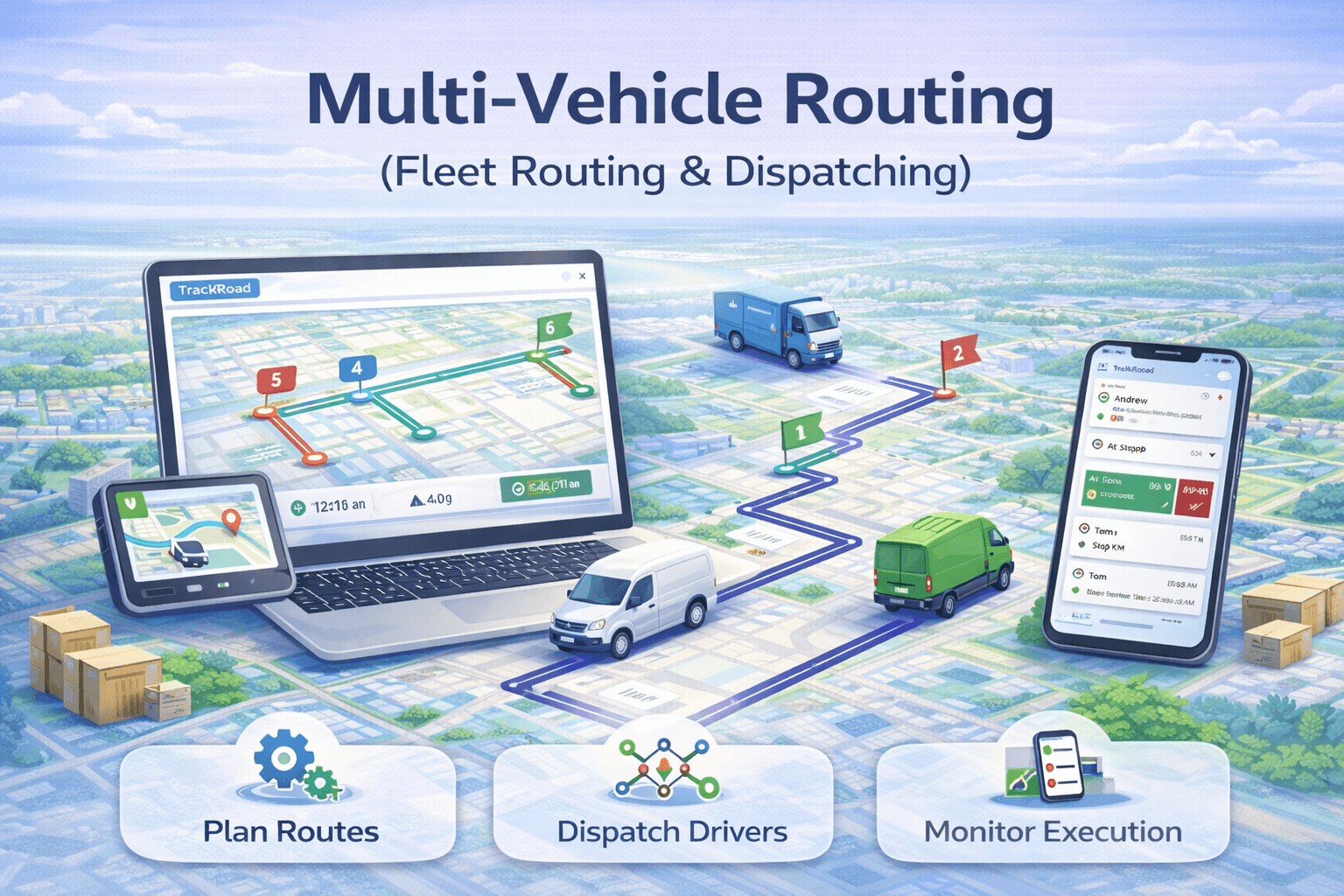 Multi-vehicle fleet routing showing stop distribution and dispatched routes across drivers