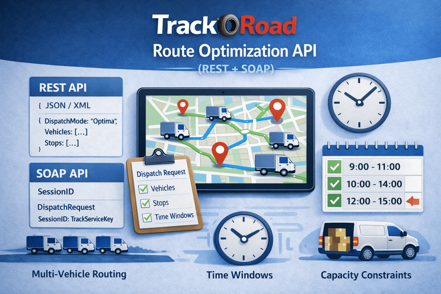 TrackRoad Route Optimization API developer guide showing Dispatch requests, multi-stop routing, and time windows