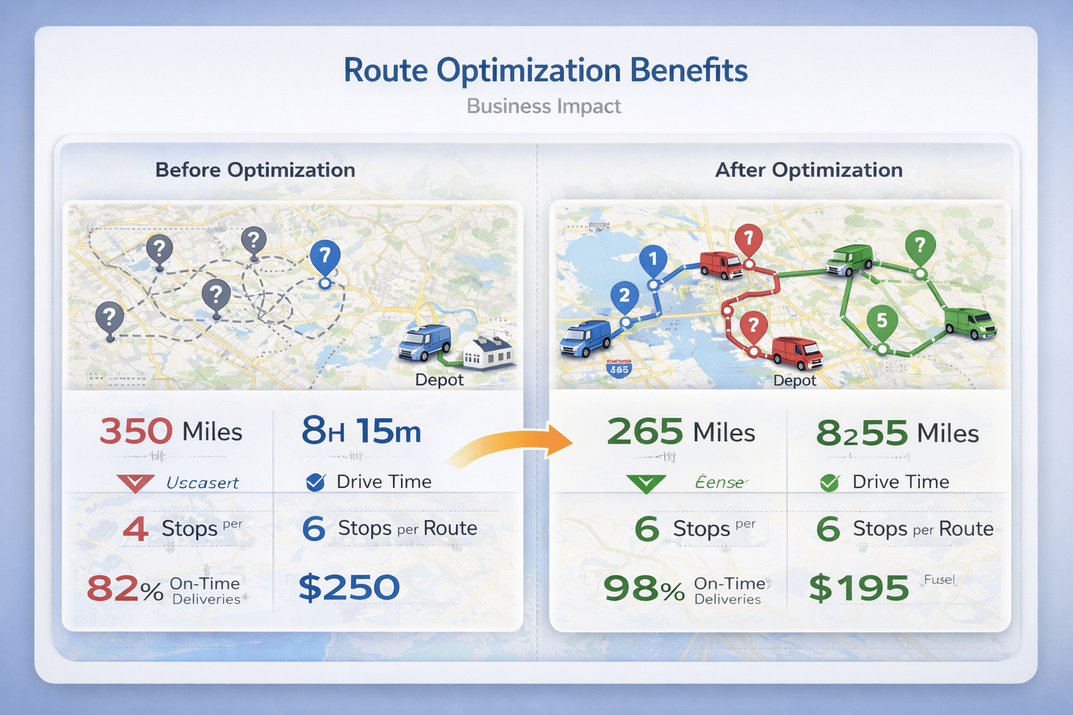 Route optimization benefits: reduced miles, faster routes, more stops per driver