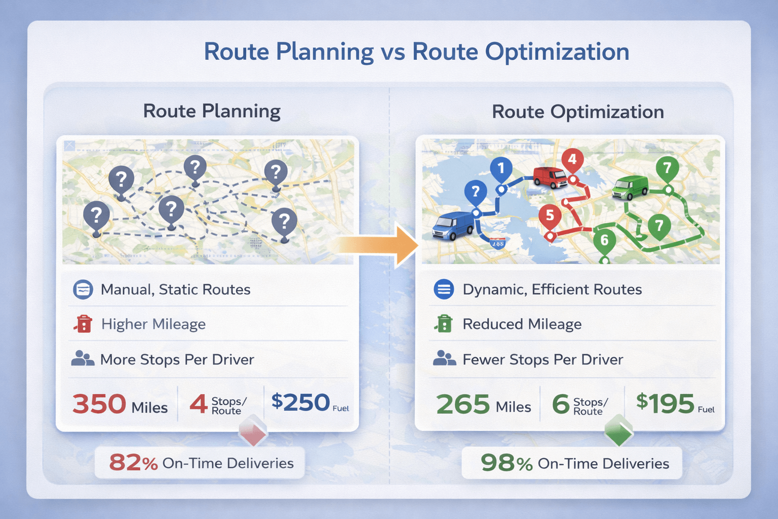 Route planning vs route optimization: planning is choosing a route, optimization is choosing the best stop order with constraints like time windows and multiple vehicles.