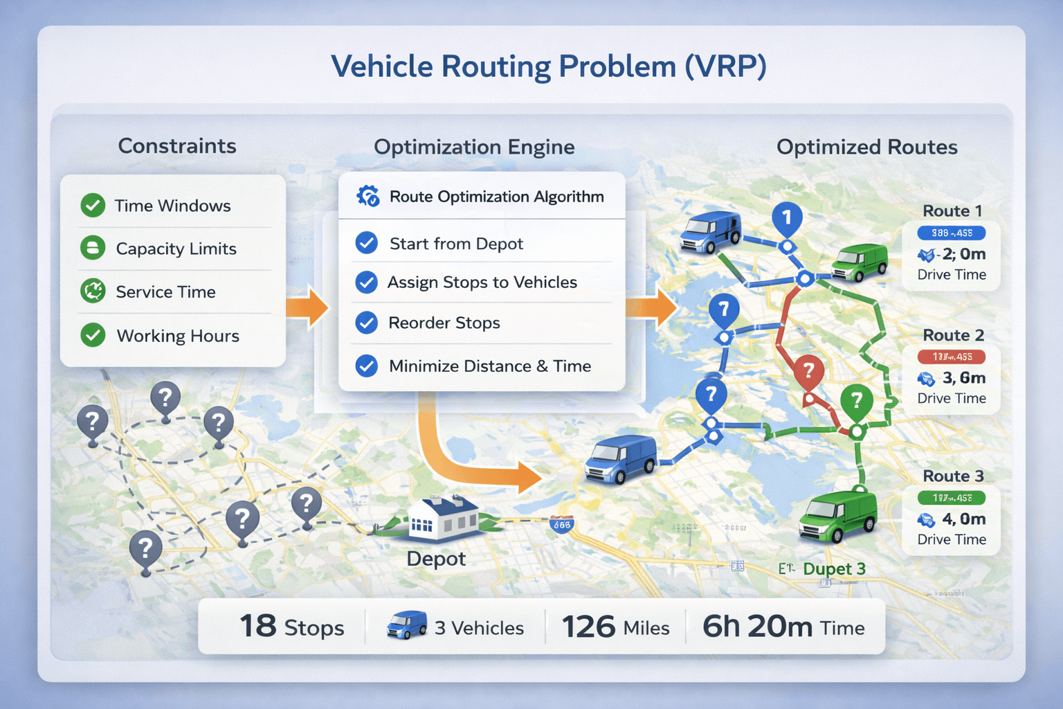 Vehicle Routing Problem diagram showing a depot, multiple vehicles, many stops, and constraints such as time windows and capacity.